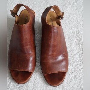 Lucky Brand Brown Leather chunky heel sling back sandals shoes size 6.5